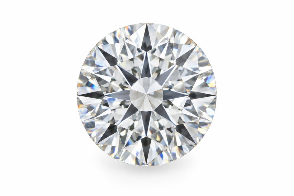 Round brilliant diamond seen from above on white, with its many small facets
