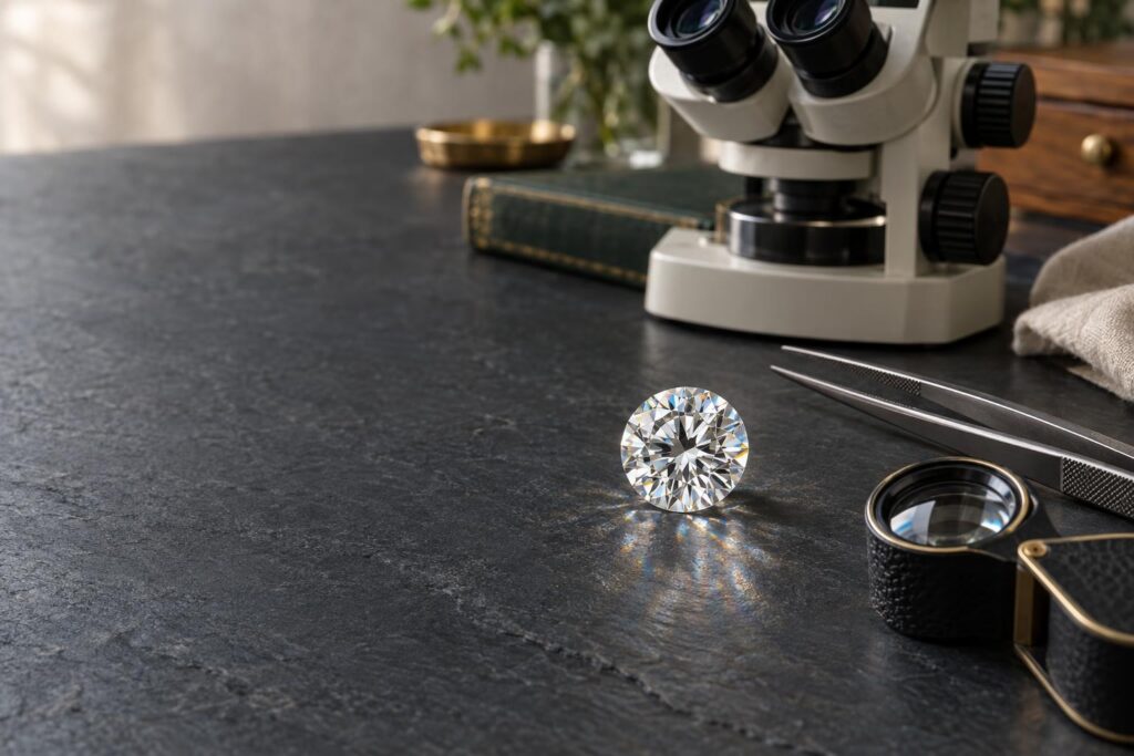 Round brilliant diamond on slate beside tweezers and a loupe, with a gemmological microscope softly blurred behind
