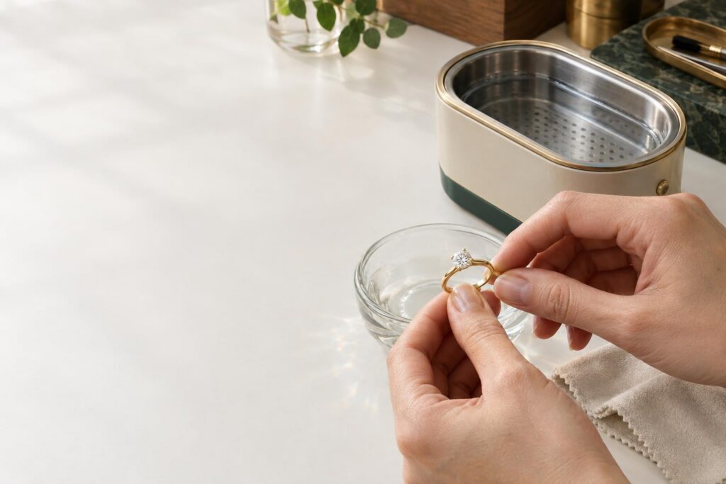 Hands holding a diamond solitaire ring near an ultrasonic cleaner and soft cloth on a white bench