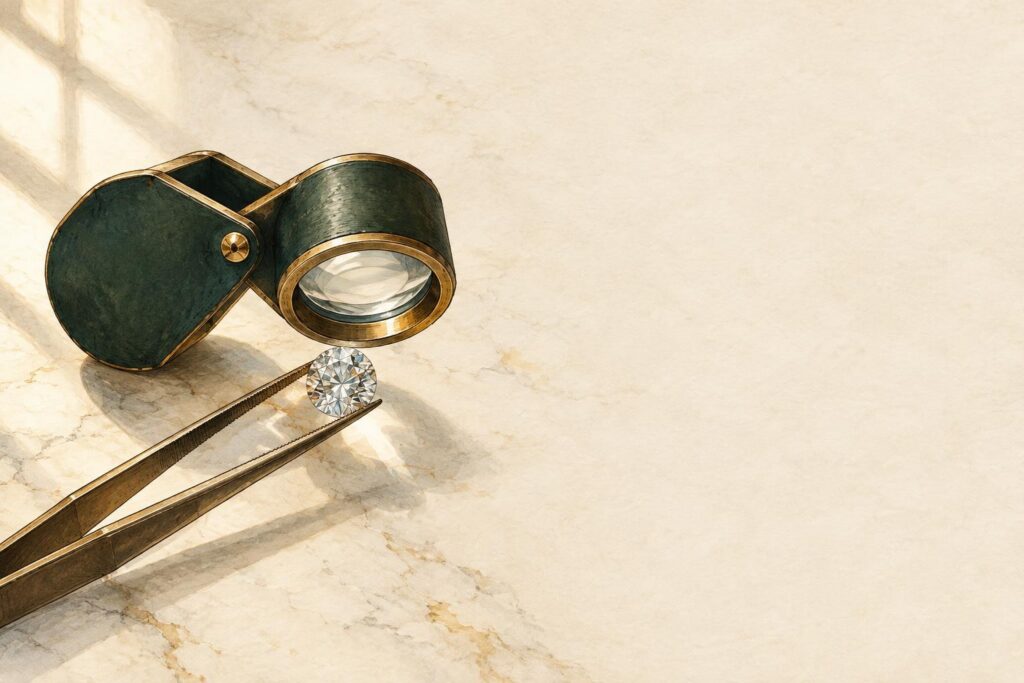 Jeweller's loupe magnifying a loose diamond held in tweezers on a marble bench, with natural light from the left.