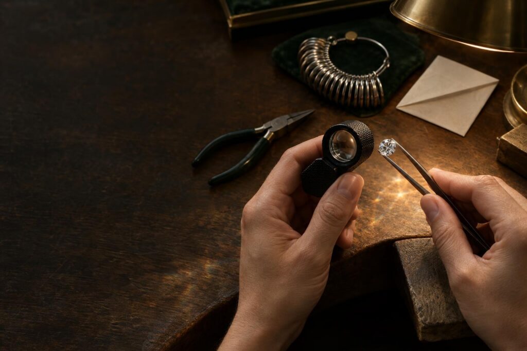 Jeweller's hands inspecting a loose diamond with a loupe at a bench, tweezers, pliers and a gauge nearby