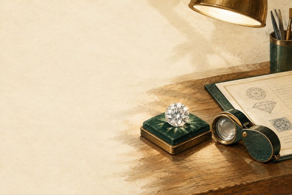 Certified diamond under jeweller's lamp with lab report on workbench, loupe nearby, bright selective lighting on left side.