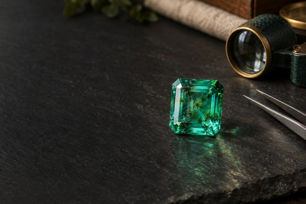 Emerald-cut green emerald on slate with a loupe and tweezers, soft light showing its internal garden of inclusions
