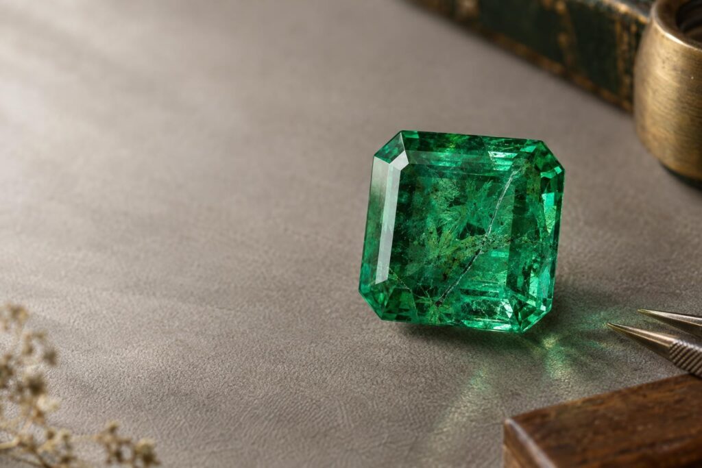 Macro view inside an emerald showing mossy jardin inclusions and a fine fissure