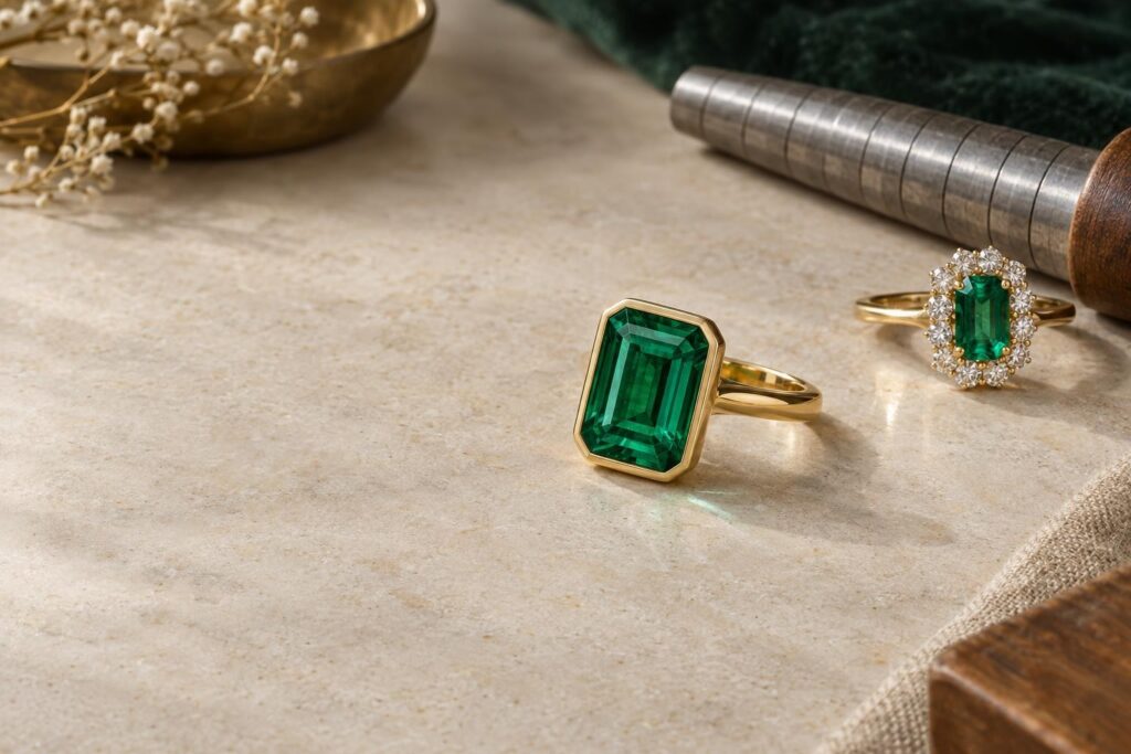 Emerald ring in a gold bezel setting beside a halo ring with accent stones and a ring mandrel