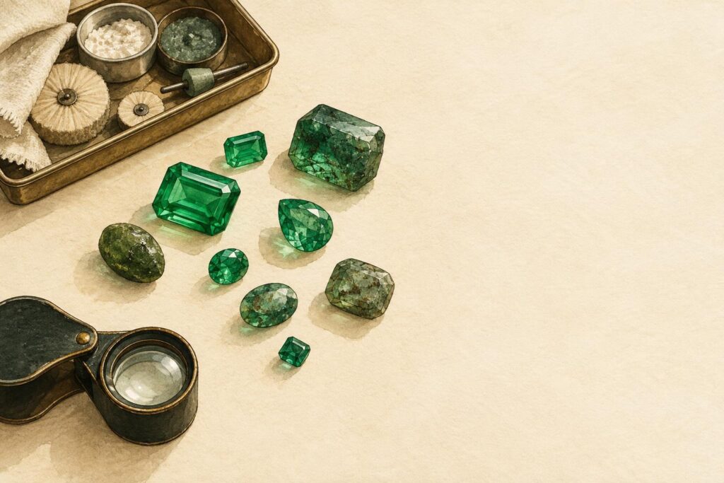 Loose emeralds of different qualities arranged on a jeweller's workbench with a loupe and polishing tools nearby.