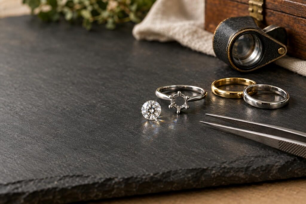 Empty six-prong ring head, loose round diamond, gold bands and jeweller's tools on a dark slate bench