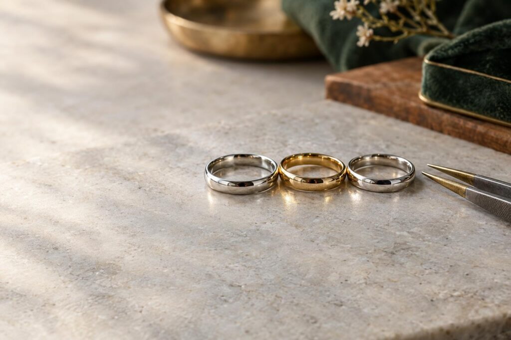 Platinum, yellow gold and white gold ring bands side by side on a grey stone surface
