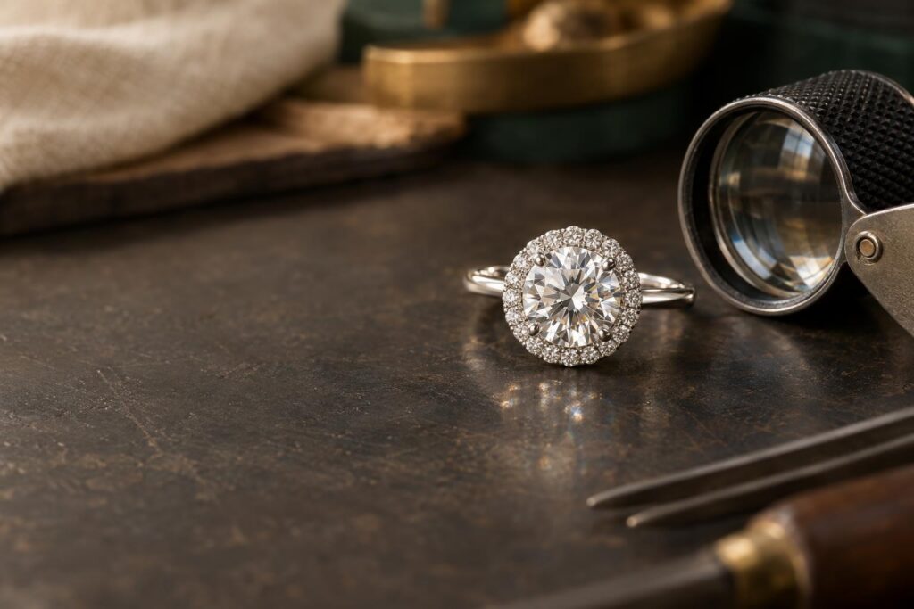 Halo ring head with a round diamond surrounded by tiny pavé melee diamonds beside a loupe
