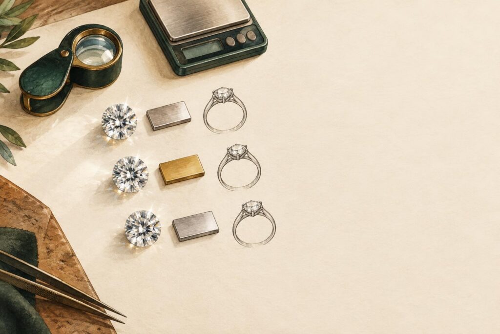 Loose diamonds next to different metal samples and ring setting sketches on a jeweller's workbench.