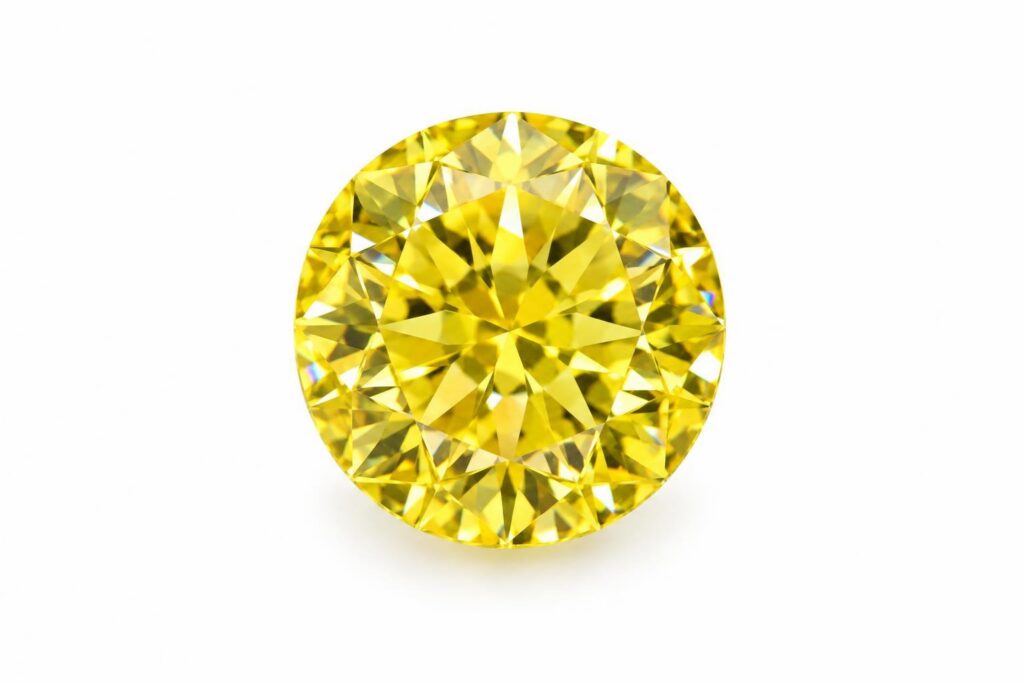 Loose round brilliant diamond with a saturated yellow colour on a white background