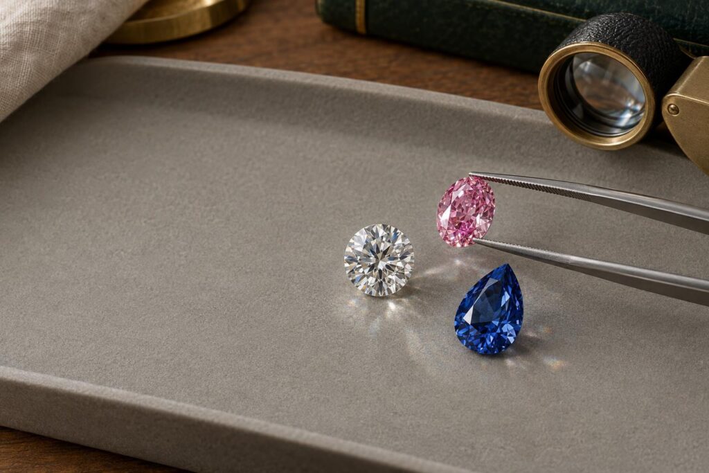 Colourless round diamond beside pink oval and blue pear-cut diamonds on a grey grading tray with tweezers and loupe