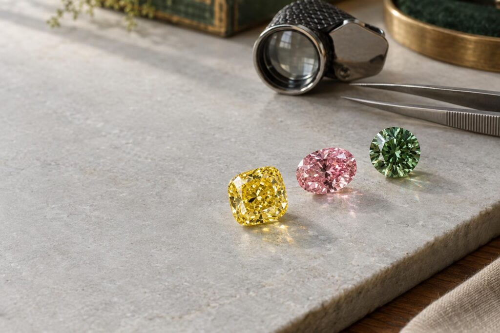 Yellow cushion, pink oval and green round diamonds on a grey slab with a loupe and tweezers