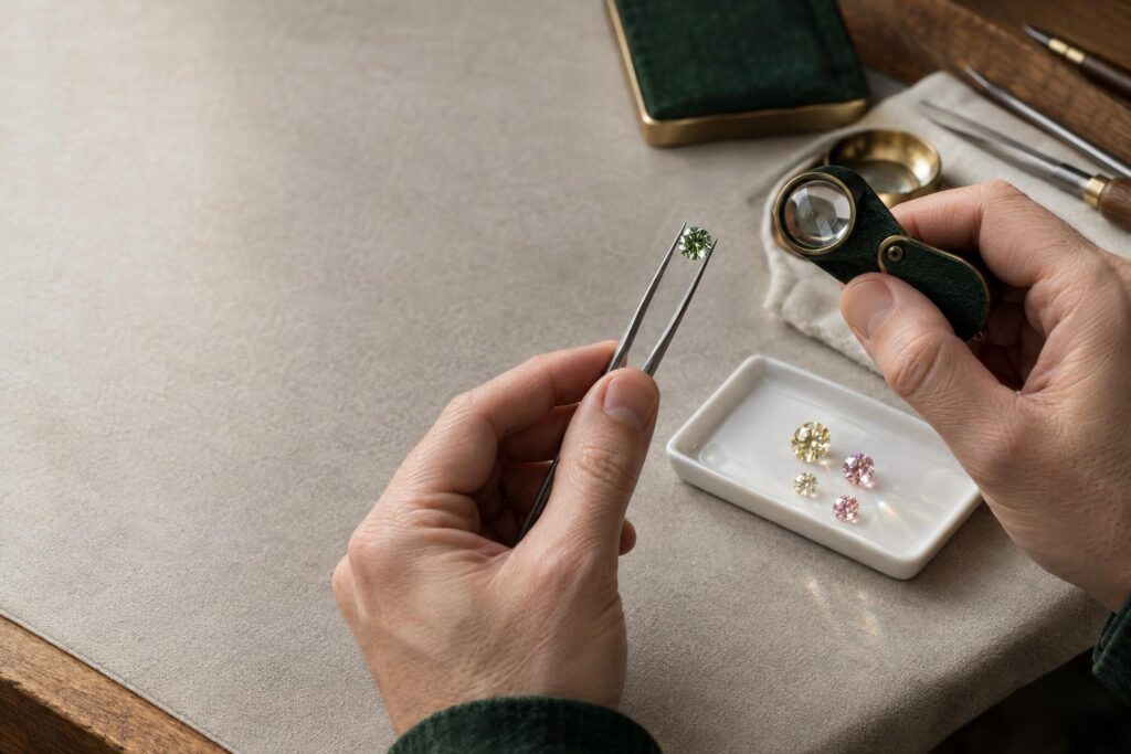 Hands holding a green round diamond in tweezers with a loupe and reference stones on a tray