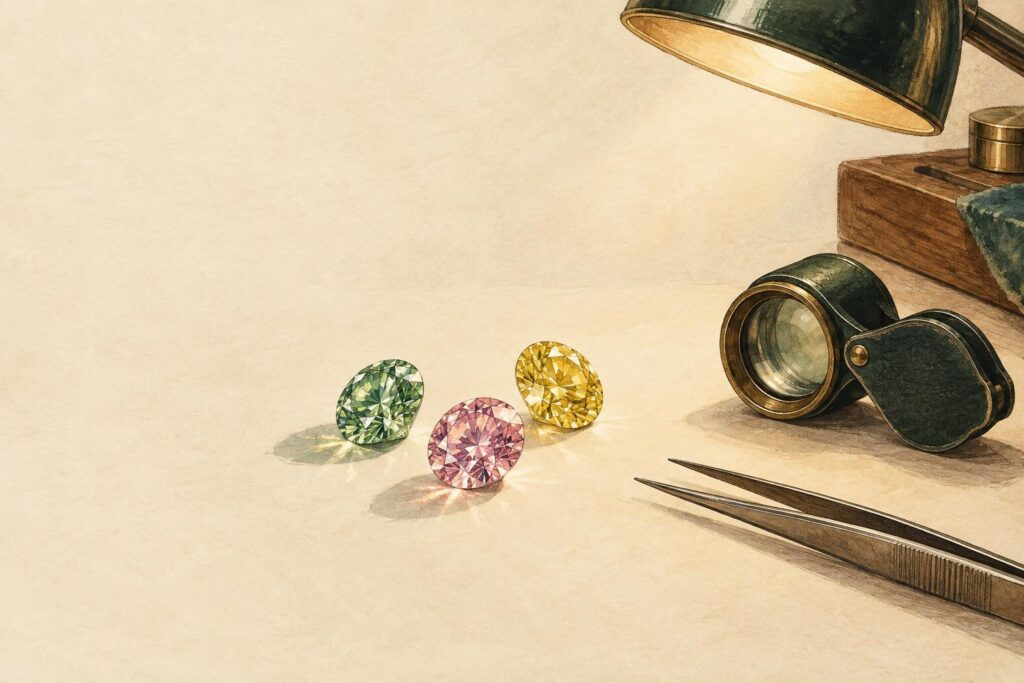 Three loose diamonds glowing with green, pink, and yellow colours under jeweller's lamp, with loupe and tweezers on workbench.