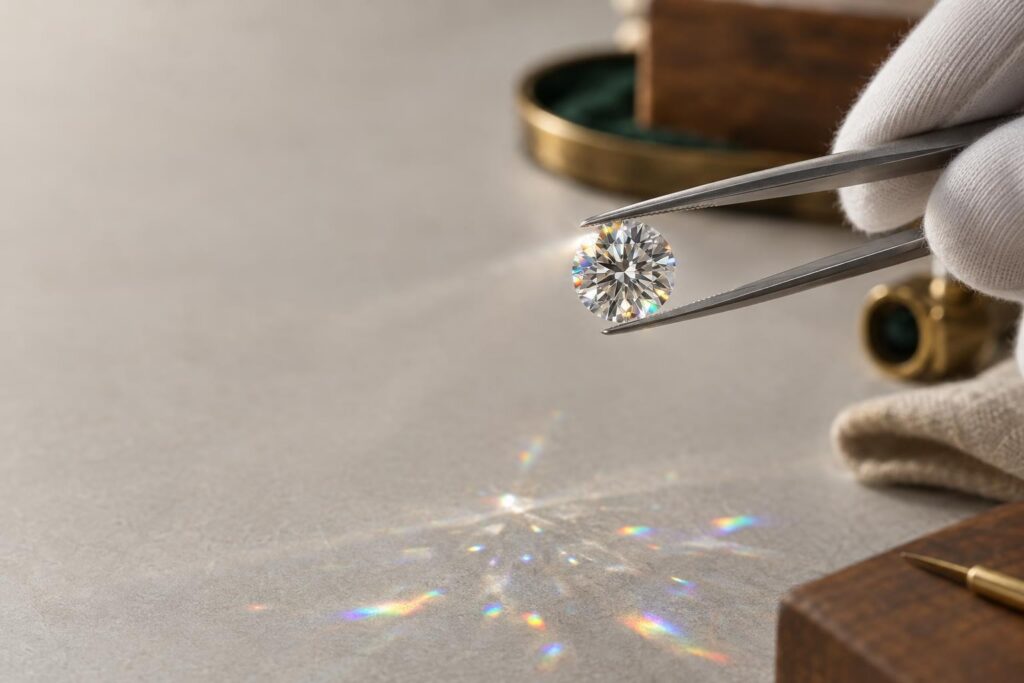 Round brilliant diamond held in tweezers, white light splitting into spectral colours on its facets and the surface below