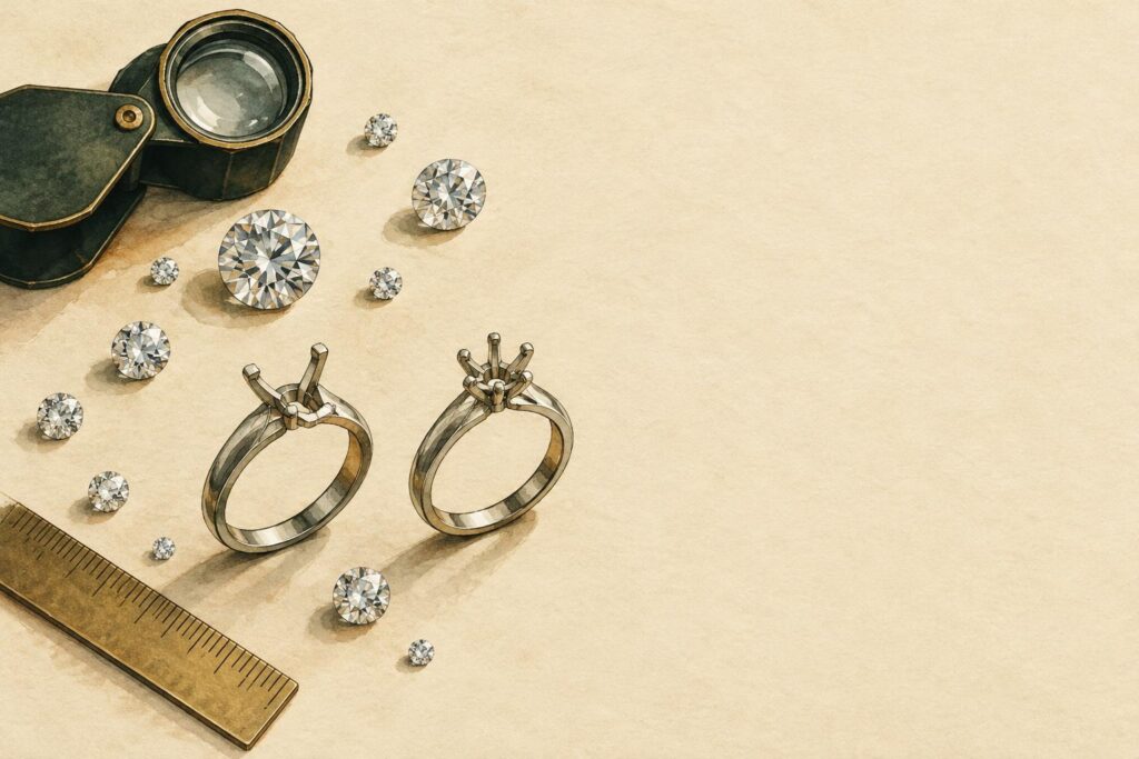 Jeweller's bench with loose diamonds and two ring settings: one with four metal claws, one with six.