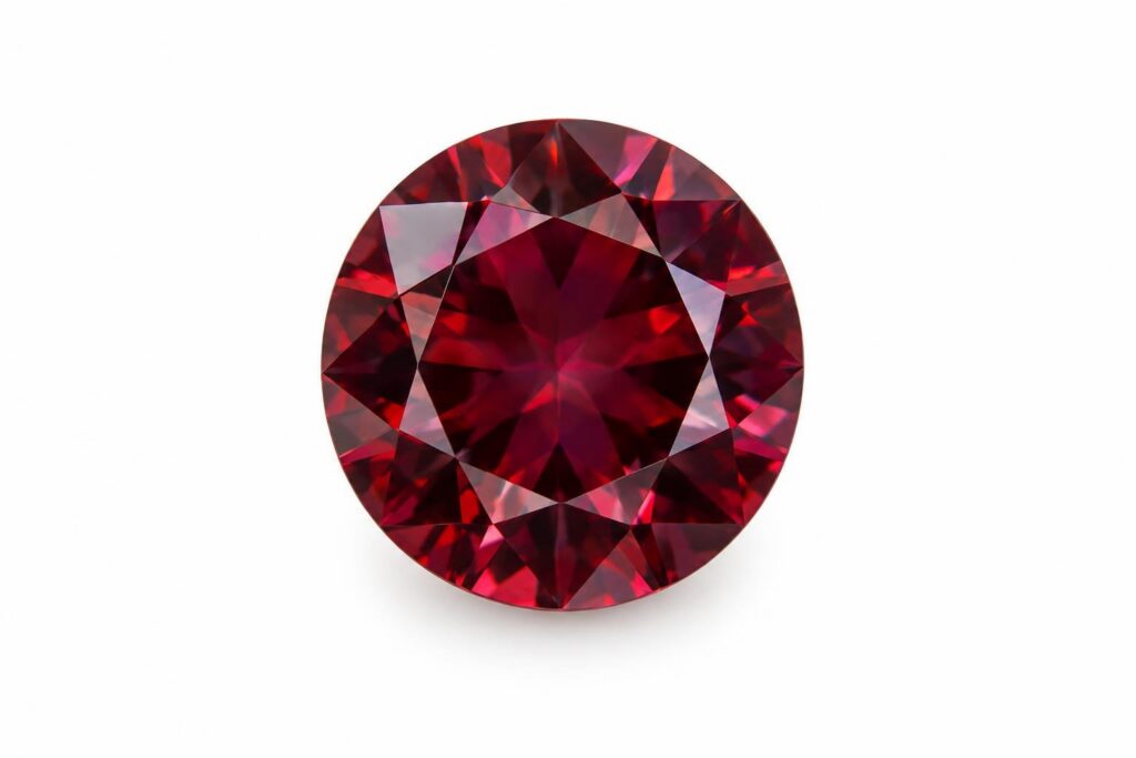 Loose round faceted garnet in deep red with a purplish tone on white