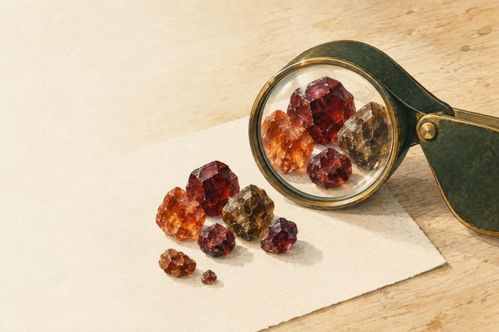 Jeweller's loupe magnifying a collection of rough garnet crystals in various colours: red, orange, brown, and burgundy, on a workbench.