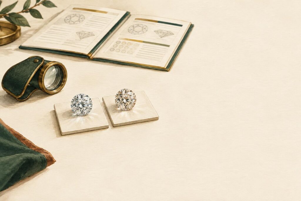 Two loose diamonds on a jeweller's workbench with a loupe and grading documents nearby