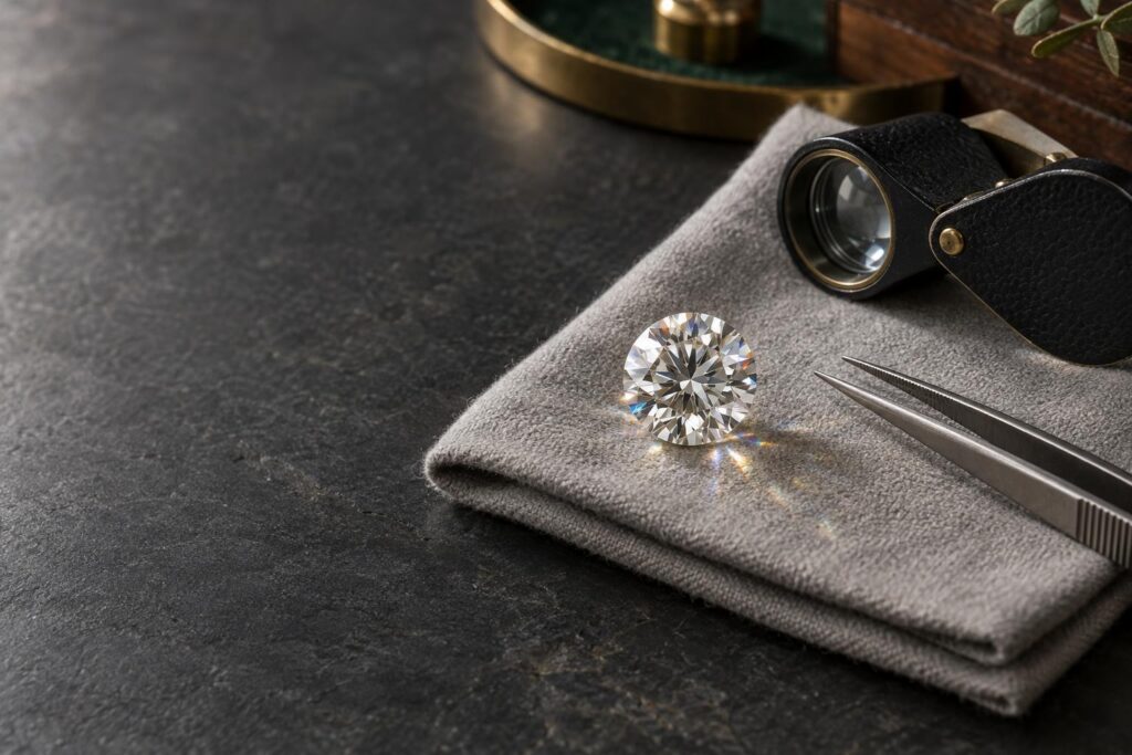 Loose round brilliant diamond with loupe and tweezers on a dark slate bench
