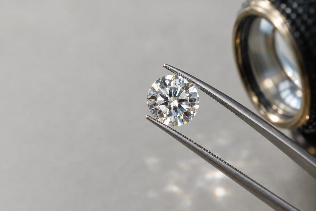 Round brilliant diamond held in tweezers, facets and inclusions in focus