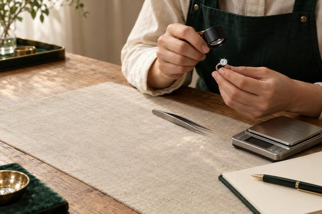 Hands examining a diamond solitaire ring with a loupe beside a scale and blank notepad