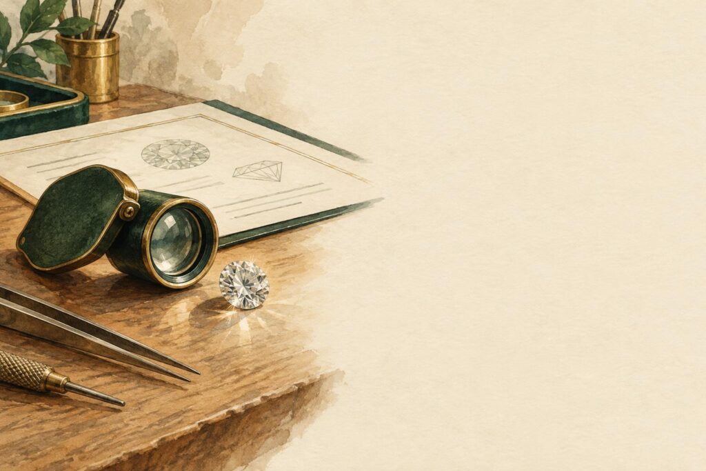 Diamond loupe and loose diamond on a jeweller's workbench with documents nearby.