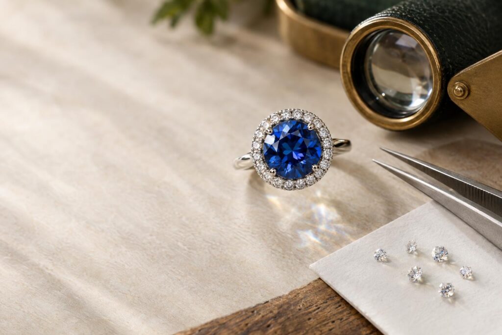 Halo ring close-up with blue sapphire, melee diamonds, loupe and tweezers on a bench