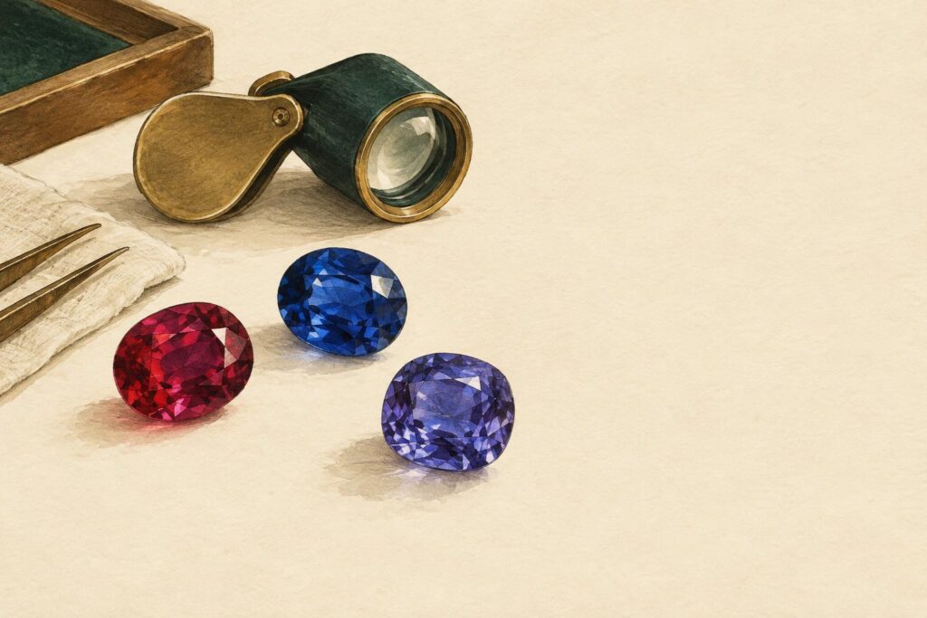 Loose gemstones on a jeweller's bench with a magnifying loupe, showing rubies, sapphires and tanzanite in varying colour intensities.
