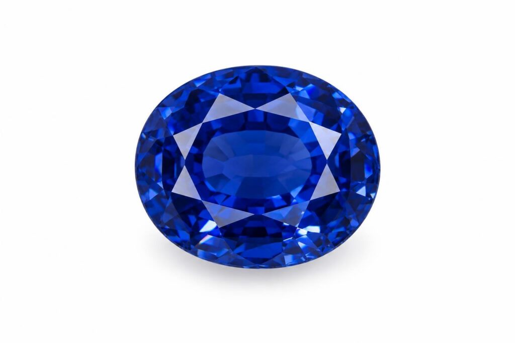 Loose oval-cut sapphire in an even, deep blue on white