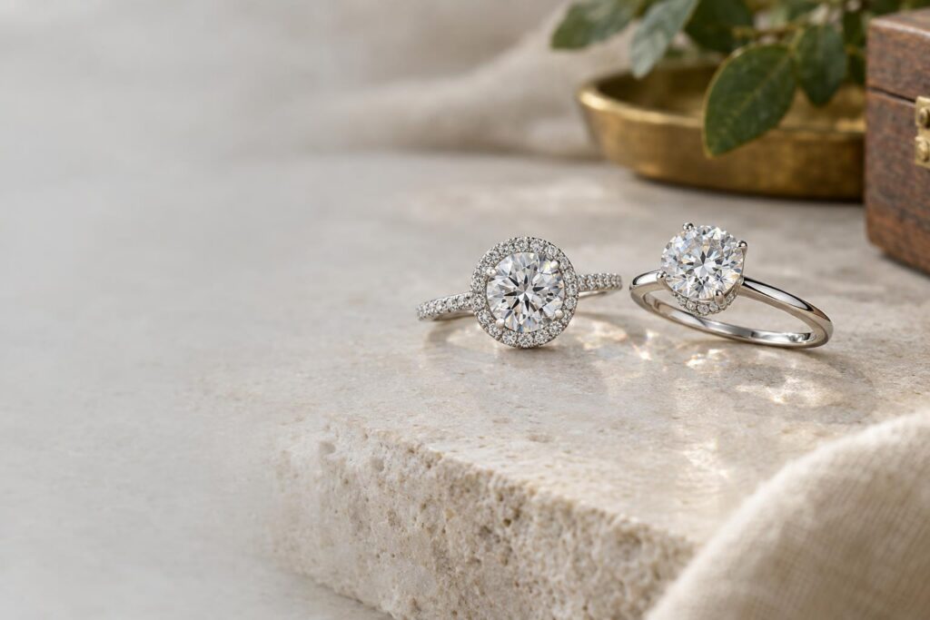 A visible halo ring beside a hidden halo ring on a pale bench, showing where each places its small diamonds
