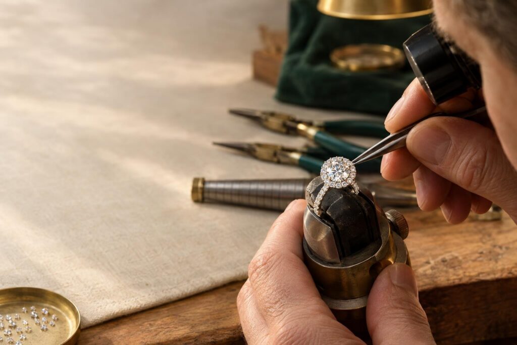 Jeweller inspecting the tiny beads and prongs holding pavé diamonds around a halo ring's centre stone