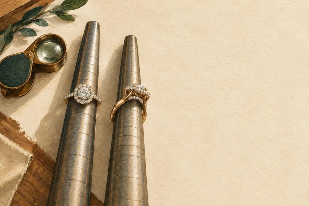 Two engagement rings on mandrels showing visible halo diamonds on one and hidden halo diamonds beneath the crown on the other.