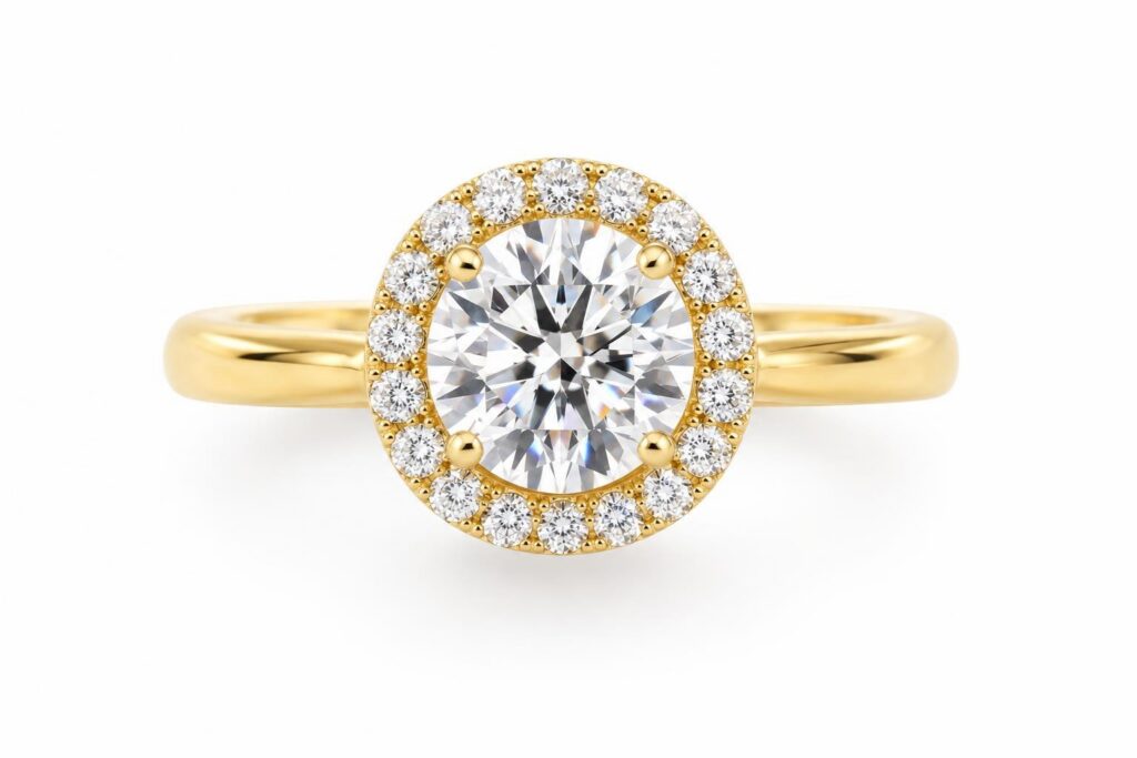 Ring seen from above with a visible circle of small pavé stones around a round centre stone