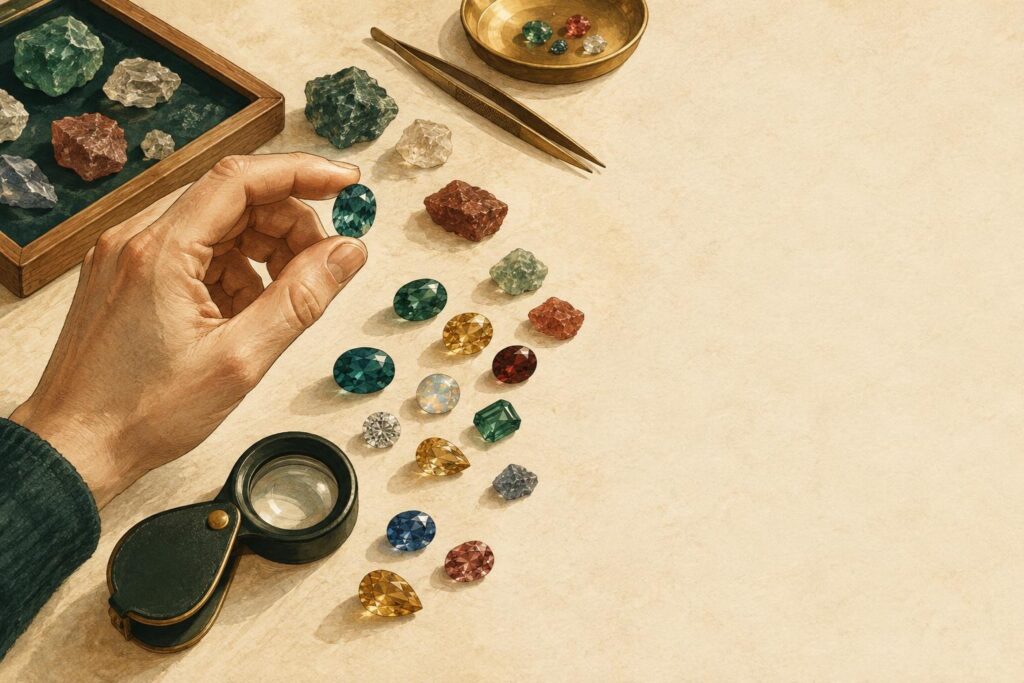 Loose gemstones and a jeweller's loupe on a workbench, with a hand examining a stone under light.