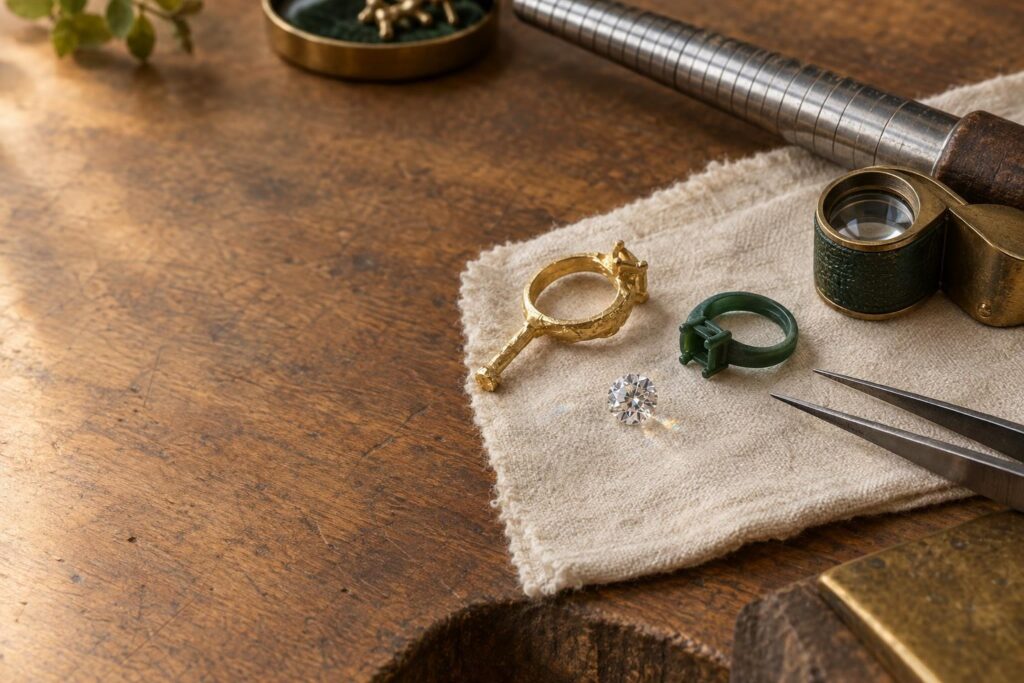 Cast gold ring on its sprue beside a resin model, loose diamond, loupe and tweezers on a jeweller's bench
