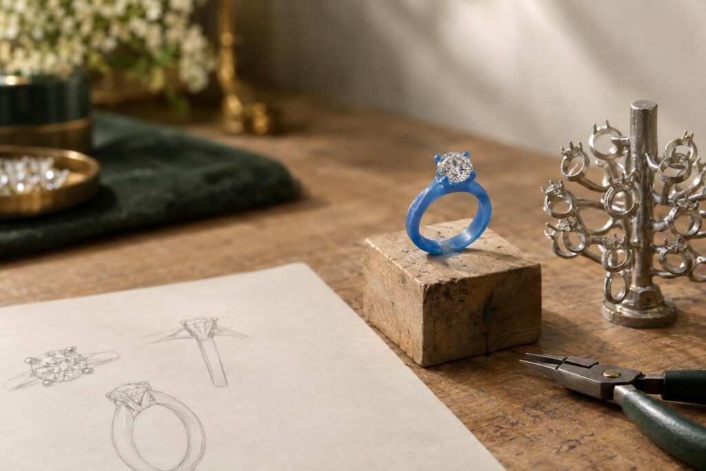 Resin ring model and a metal sprue tree with small rings on a jeweller's bench