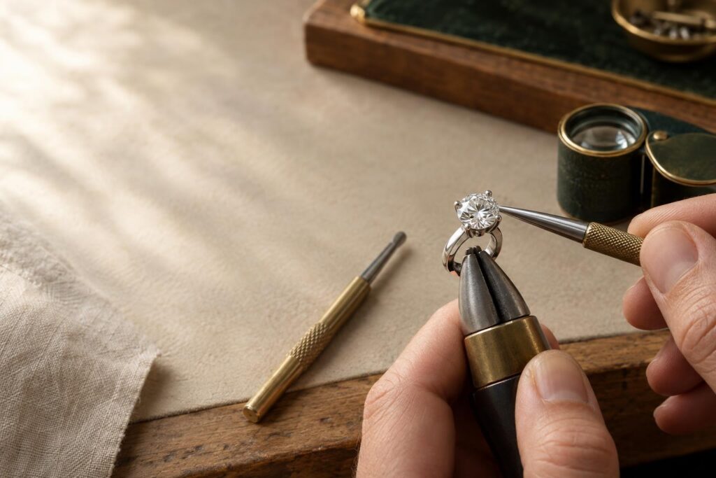 Hands setting a round brilliant diamond into the seats of a four-prong platinum ring head