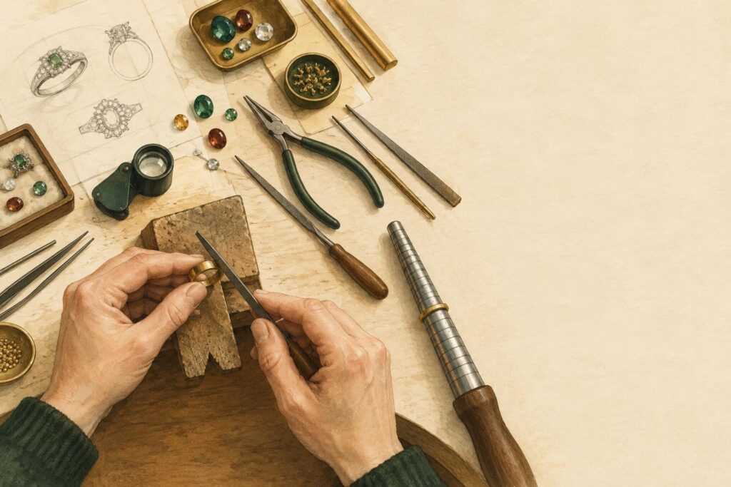 Jeweller's hands at a workbench with tools, sketches, metal stock and loose gemstones in various stages of assembly.