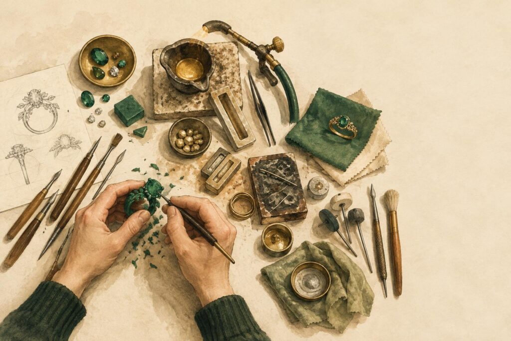 Jeweller's workbench displaying stages of custom jewellery creation: sketch, wax model, metal casting tools, and finishing equipment.