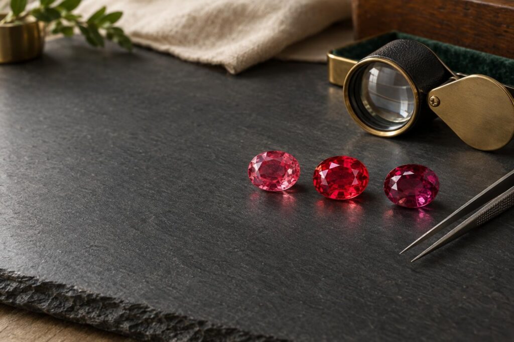 Three oval rubies from pinkish to deep purplish red beside a loupe and tweezers on dark slate