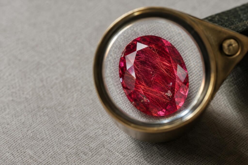 Close-up of a red ruby showing fine rutile silk needles and small inclusions under magnification