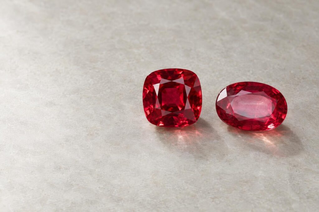 A well-cut cushion ruby beside a shallow oval ruby with a pale window in the centre