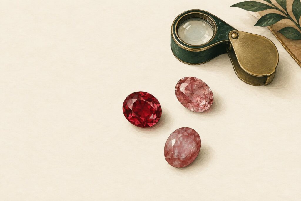 Three loose rubies showing different colours from pale pink to deep red and varying clarity from clear to cloudy, with a jeweller's loupe.