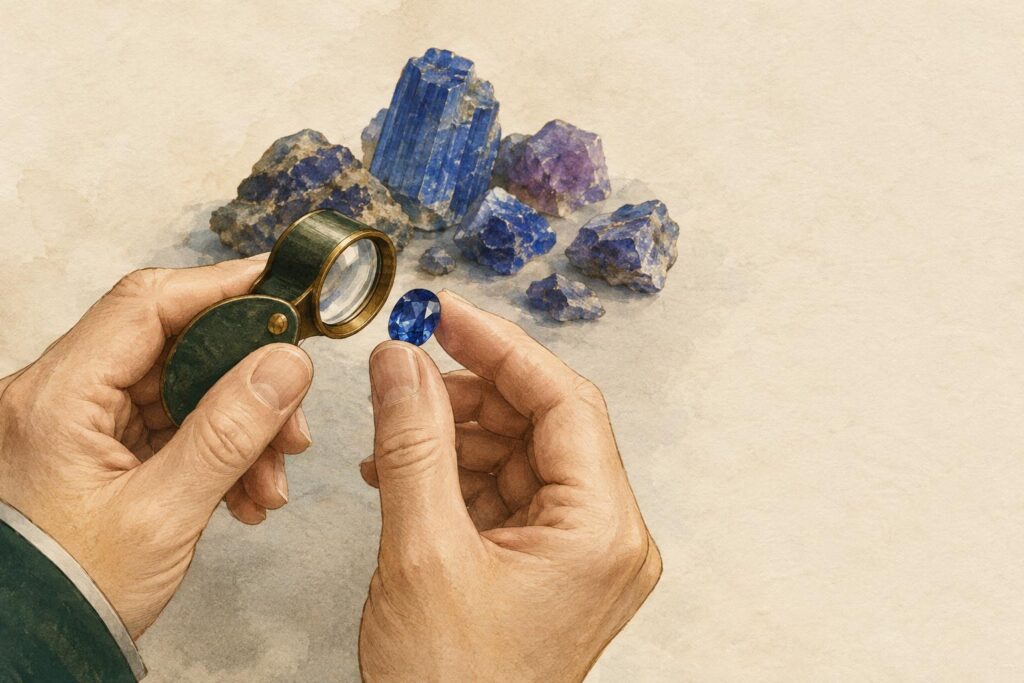 Jeweller's hands examining a loose sapphire through a magnifying loupe, with rough sapphire crystals nearby.