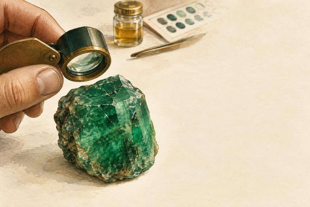 Jeweller examining a rough emerald crystal with a loupe, showing natural inclusions and surface details on a work bench.