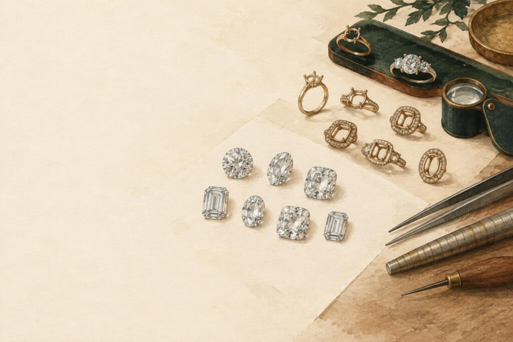 Loose diamonds in various cuts arranged with metal setting templates and jeweller's tools on a workbench.