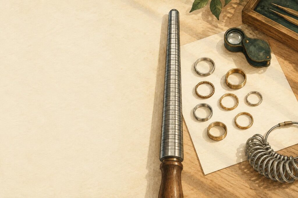 Ring mandrel with size markings and reference rings on jeweller's workbench with measuring tools