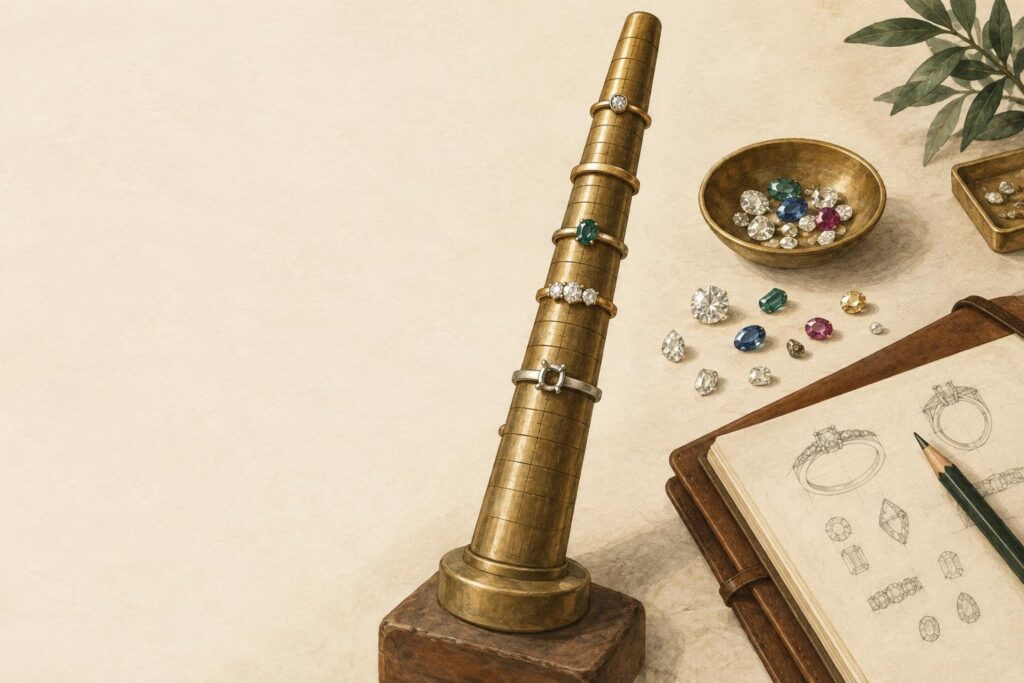 Jeweller's bench with ring mandrel, loose gemstones, notebook with sketches and calculations, showing planning and decision-making.